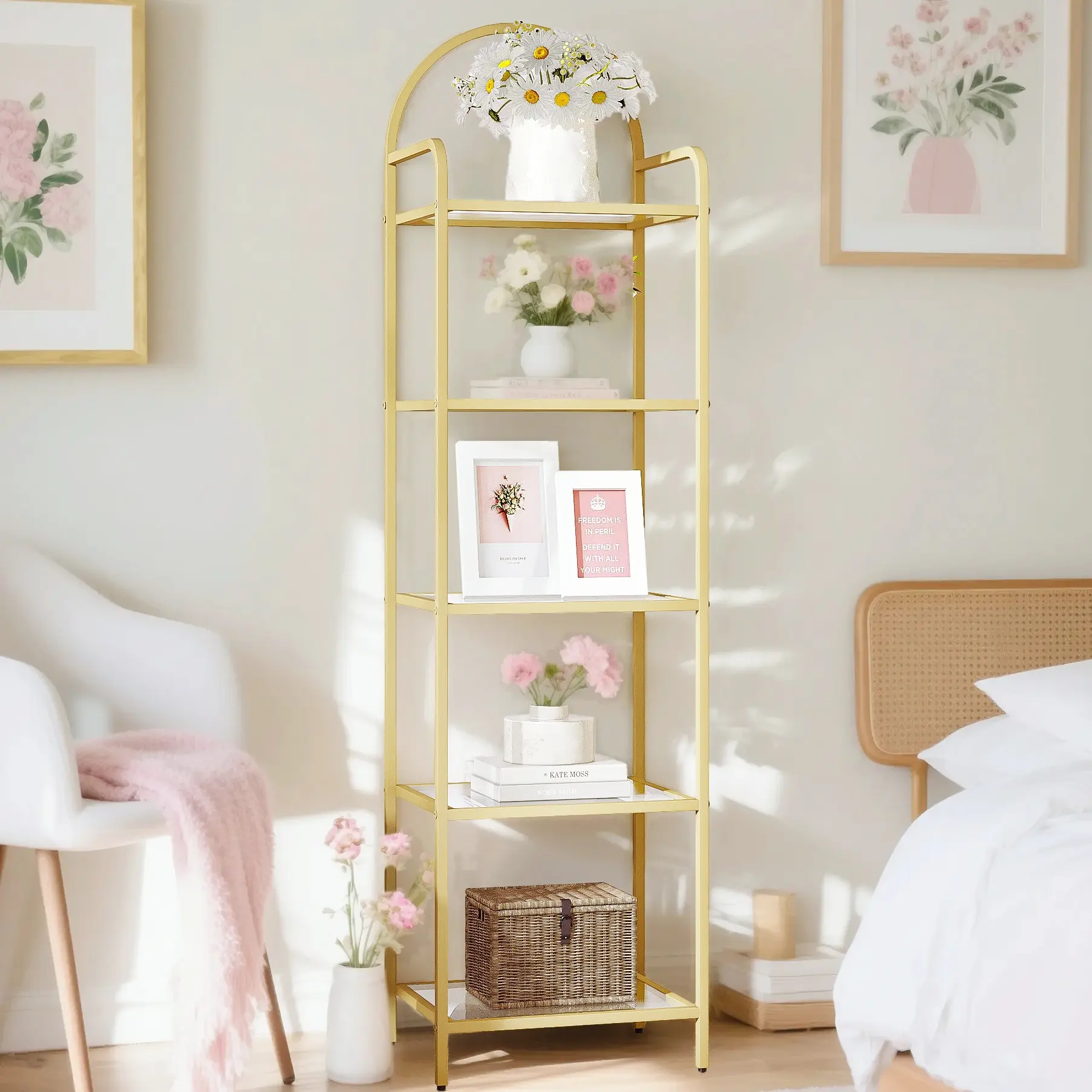 【Multiple Size Options】Hzuaneri Bookcase Bookshelf, Tempered Glass Bookshelves, Slim Shelving Unit for Bedroom, Bathroom, Home Office, Steel Frame