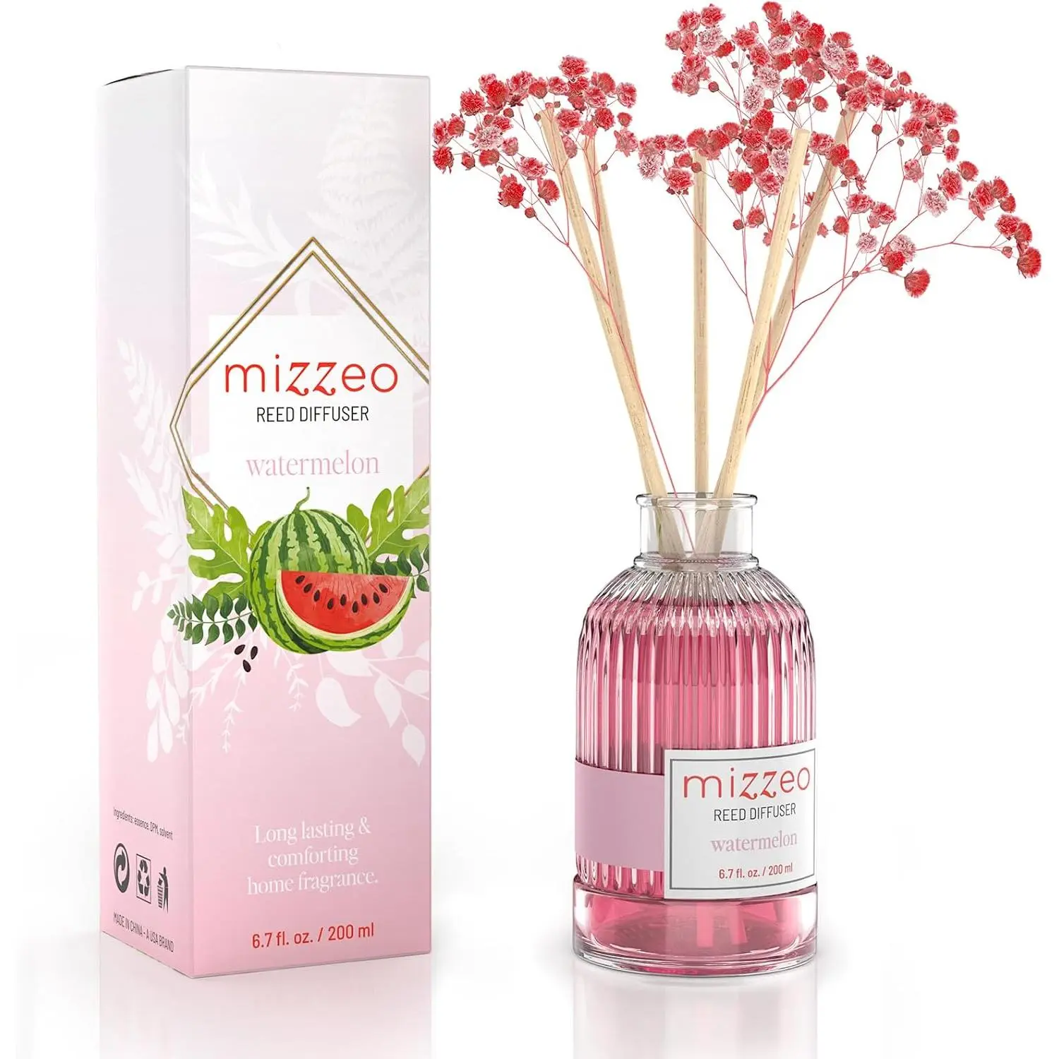 Mizzeo Reed Diffuser Set Watermelon 6.76 fl oz Highly Scented Room Diffuser Home Fragrance Essential Oil Reed Flower Diffuser for Bedroom Office Decor Gifts