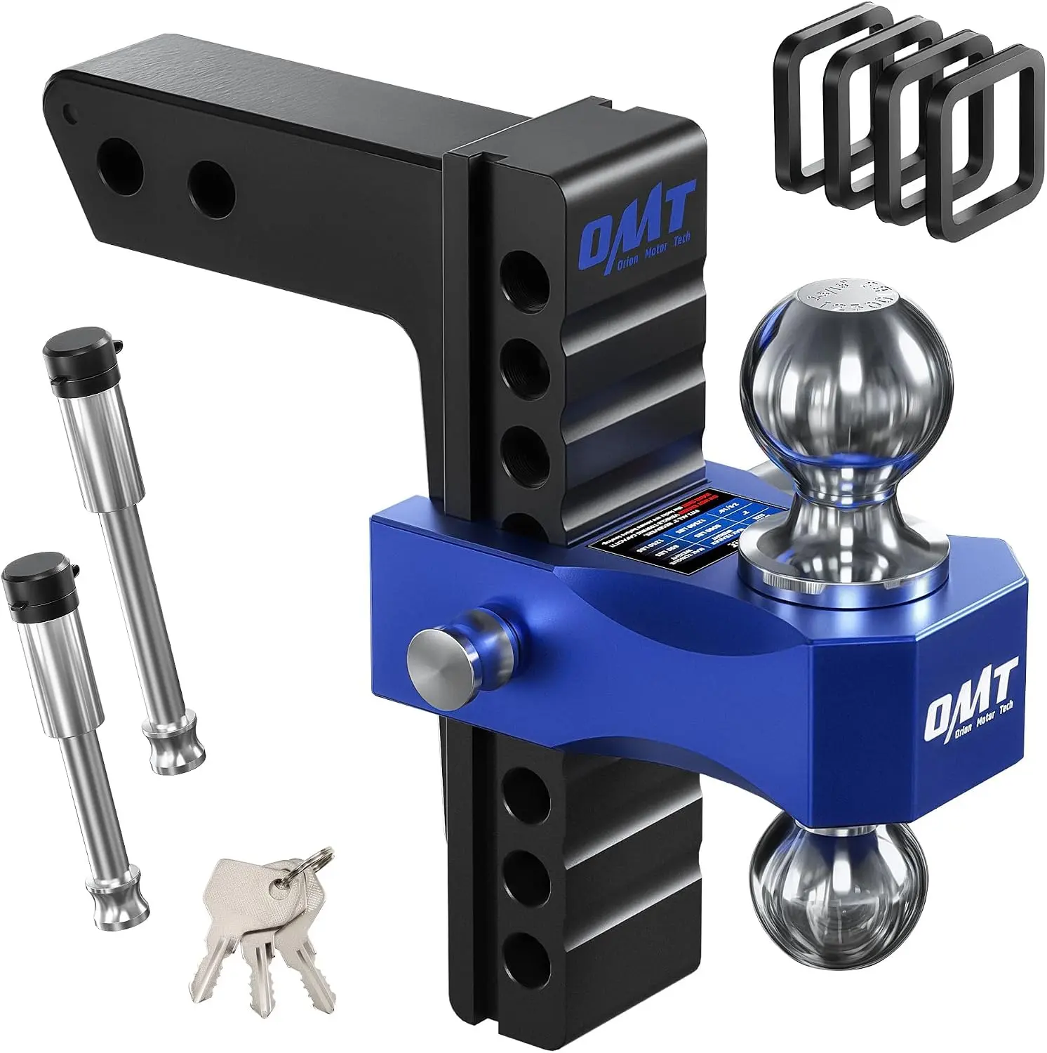 【Live Only】Orion Motor Tech Adjustable Trailer Hitch for 2-Inch Receiver, 8-Inch Drop/Rise Aluminum Ball Mount with 2-Inch & 2-5/16-Inch Dual Balls, 12,500 lb Capacity and Locking Pins for Class III IV Towing