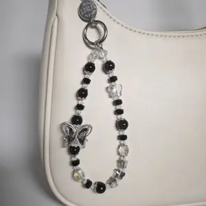 Silver Butterfly Obsidian Beaded Keychain, Sweet Cool Girl Unique Design Bag Charm, Phone Anti-Loss Strap, Camera Anti-Loss Strap