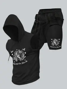 Two-Piece Set Men's Regular Fit Eagle Print Shortsleeve Hooded Tank Top & Shorts Set, Casual Sleeveless Top & Shorts, Men's Summer Clothes