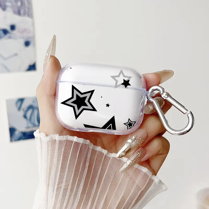 Black Star Pattern TPU Soft Protective Case for Apple AirPods 4/3/2/1/Pro/Pro2 Transparent Earphone Cover with Keychain Attachment