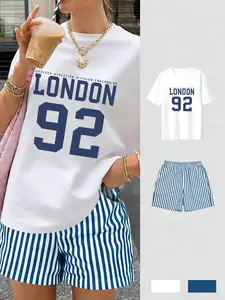 Women's Casual Short Sleeve T-Shirt and Shorts Set, Y2K Style London Print Striped Shorts, Comfortable Breathable Fabric, Spring Summer