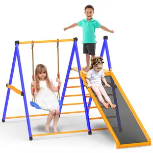 Toddlers Swing Set and Slide 4 in 1 Kids Freestanding Climber Slide Metal Swing Outdoor Indoor Easy Set Up Baby Playset