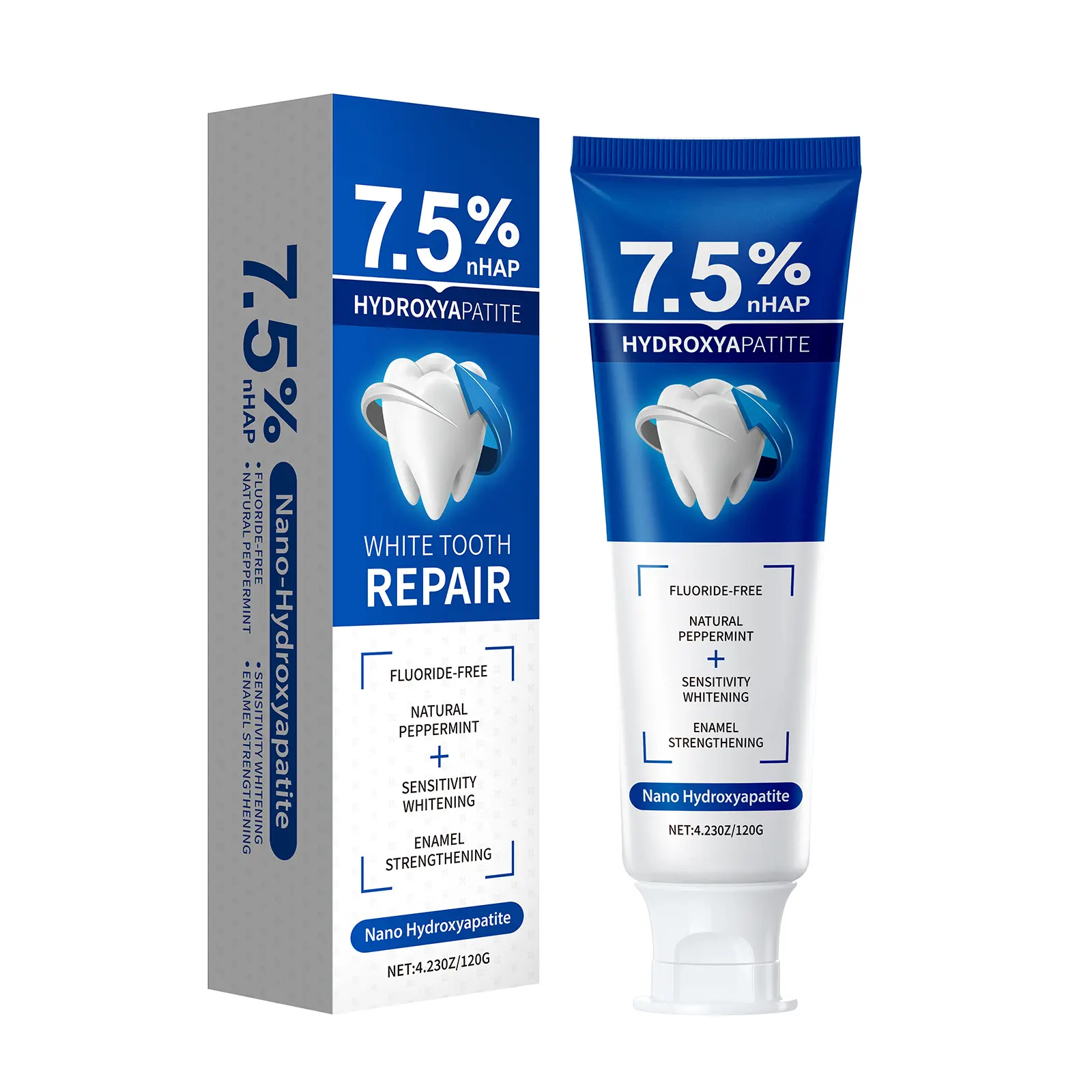 Nano Hydroxyapatite Toothpaste (Single Item, 4.23oz/120g), Fluoride-Free Hypoallergenic Oral Care for Adults' Sensitive Teeth, Natural Peppermint, Advanced Whitening, Enamel Repair, Plaque Removal, Bad Breath Prevention