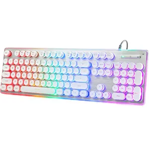 Typewriter Style Keyboard with Metal Panel, Rainbow LED Backlit, Round , Anti-ghosting, Spill Resistant, Light Up USB Wired Retro 104  for Office/Gaming, White/