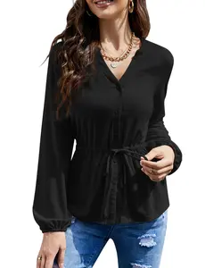 GARVEE Blusa de verano para mujer con cuello en V con botones y cuello en V, blusas casuales de vestir para negocios y trabajo, Negro, XXL