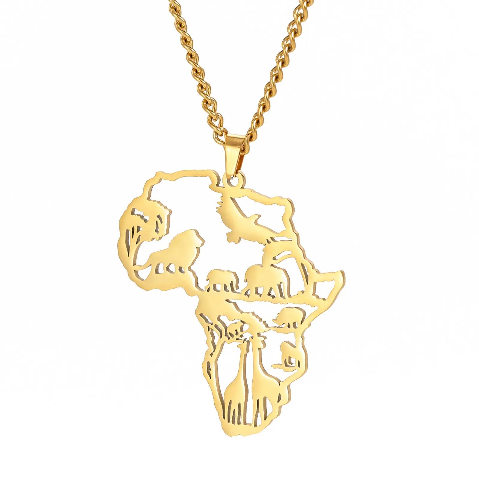 OIDEA Unisex Stainless Steel Jewelry for Women, African Map Pendant with Elephant-Giraffe Charms, Gold/Silver Tone, 24"+2" Chain, Meaningful Travel Gift for Culture Enthusiasts, Meaningful Gifts, Gift Ideas, Juneteenth