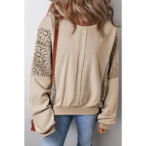 Parchment Knit Crochet Exposed Seam Ribbed Trim Sweatshirt