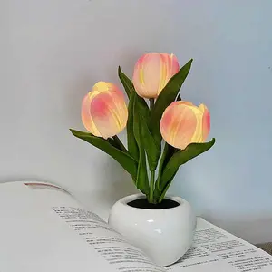Viral LED Tulip Night Light Artificial Flower Bouquet - Aesthetics Bedroom Bedside Lamp, Atmosphere Sleeping Light, Desk Decor Ornament, Cute Room Decor for Teen Girls, Creative Birthday Anniversary Gift for Her, Mom, Girlfriend (Pink/White)