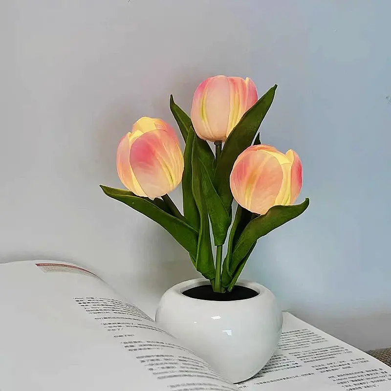 Viral LED Tulip Night Light Artificial Flower Bouquet - Aesthetics Bedroom Bedside Lamp, Atmosphere Sleeping Light, Desk Decor Ornament, Cute Room Decor for Teen Girls, Creative Birthday Anniversary Gift for Her, Mom, Girlfriend (Pink/White)