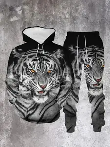 Men's Casual 3D Tiger Print Hoodie Set, Polyester Fabric, Sporty Style, Fall & Winter, Long Sleeve, Regular Fit