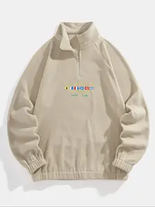 Men's Letter & Flag Embroidery Zip Up Sweatshirt, Casual Raglan Sleeve Long Sleeve Stand Collar Sweatshirt for Fall & Winter, Fashion Men's Clothes for Daily Wear