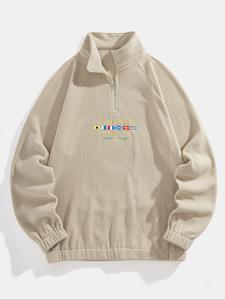 men's letter & flag embroidery zip up sweatshirt, cozy casual raglan sleeve stand collar sweatshirt for fall & winter, fashion men's clothes for daily wear, pullover