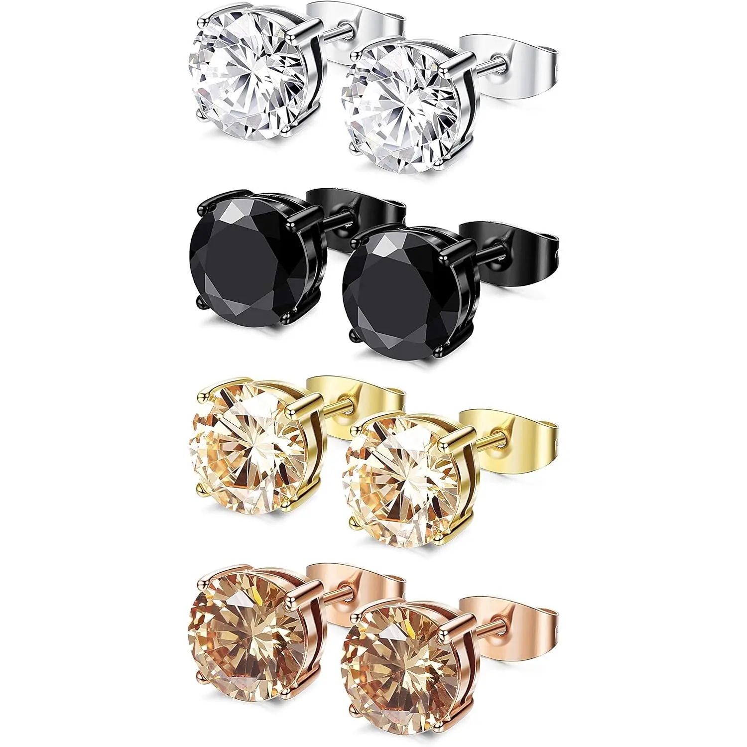 Sanfenly Unisex Stainless Steel Stud Earrings Set (4 Pairs) - Non Tarnish, Metal Coated, 3-7MM Square Cubic Zirconia, Silver & Black, Minimalist Casual Style Ear Stud Earrings for Daily Costume Jewelry, Studs Earrings