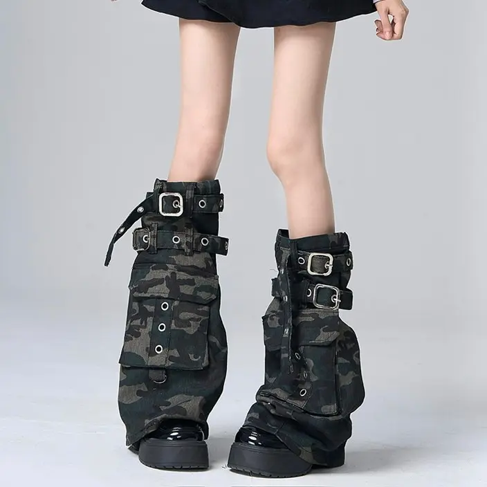 Techwear Style Camo Washed Denim Leg Warmers Distressed Treatment Punk Tie-UpSock Sleeves Wasteland Baddie Unique Subculture Spring Summer Trendy Design