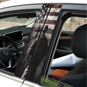 Luxury Set of 2pcs Featuring The American Flag, Soldiers, And a Cross. Vinyl B-Pillar Stickers, Waterproof And Scratch-Resistant PVC Decals for Car Center Pillars, Self-Adhesive PE Patterns, Glossy Finish, Vehicle Decoration, Rectangular Shape.