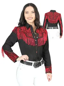 Womens Fringe Black Embroidered Western-style Blouse 44178 Buttoned Collared Long Sleeve Fitted Shirt Casual Chic Tops Womenswear Embroidery Western Elegance Feminine