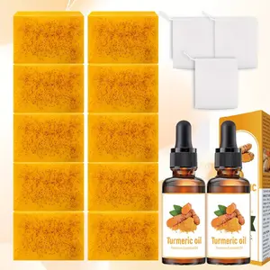 12 Piece Turmeric Soap, Natural Extract Soaps, Turmeric Wash & Essential Oil Set, Includes 10 Turmeric Curcumin Deep Cleansing Soaps + 2 Turmeric Oils, Natural Face & Body Care