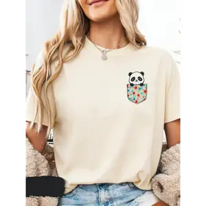 100% cotton cute panda pocket print T-shirt with floral pocket pattern, women's cute casual pure cotton short sleeve, soft and comfortable, lightweight and breathable, suitable for spring, summer, and autumn