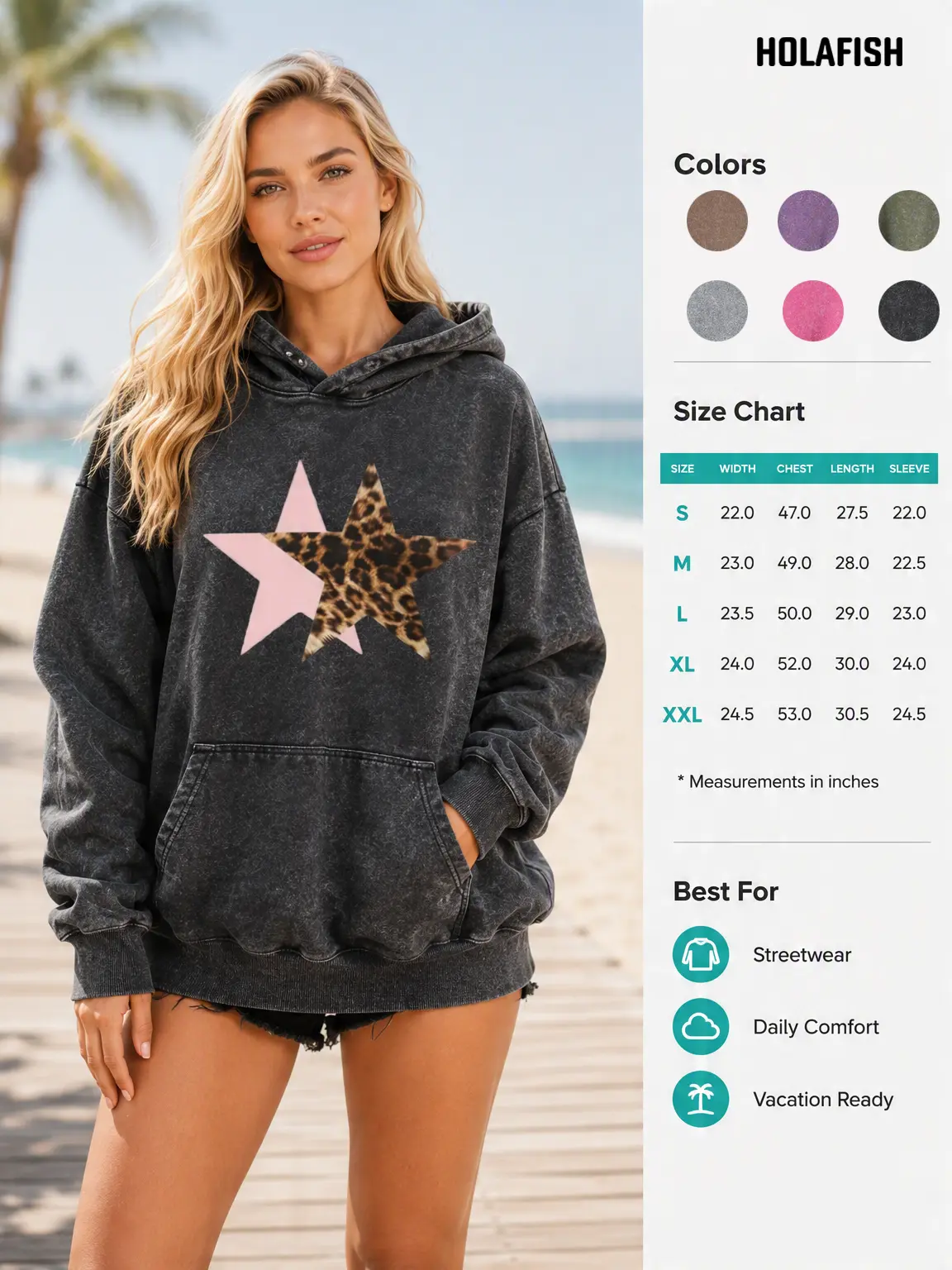 Holafish Acid Washed Hoodie Unisex Retro Graphic Hooded Sweatshirt Casual Cut Cotton Long Sleeve Top For Summer 2026 Daily Vacation Gathering Streetwear Apparel