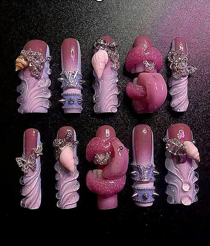Y2K Junk Nail Press Ons | Handmade 3D Purple Pink Lips ASeashelles ARhinestoner Designer Charm Nail Set| FREE Adhesive Tabs  Nail File Cuticle Stick