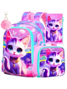3Pcs Cat Backpack for School, 16" Girls Bookbag with Lunch Box, Kids Backpacks Set for Elementary Preschool Kindergarten(Pink)