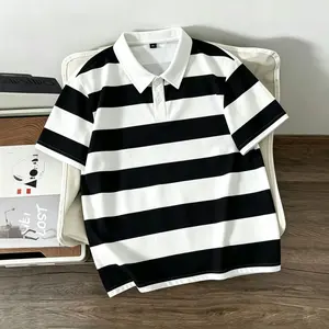 Men’s classic black-and-white wide stripe polo shirt with a turn-down collar; casual, breathable top featuring a button front and mesh fabric short sleeves; collegiate vintage casual style—versatile, slimming summer piece for commuting and business casual