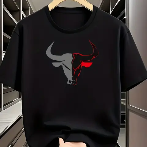 Men's Street Style Crewneck Tshirt - 2026 New Arrival Menswear, Bold Red & Grey Power Bull Look Print, Breathable Fabric, Comfortable Fit, Round Neck Casual Wear Spring Summer Tops Tee