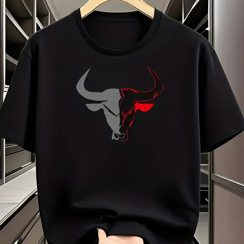Men's Street Style Crewneck Tshirt - 2026 New Arrival Menswear, Bold Red & Grey Power Bull Look Print, Breathable Fabric, Comfortable Fit, Round Neck Casual Wear Spring Summer Tops Tee