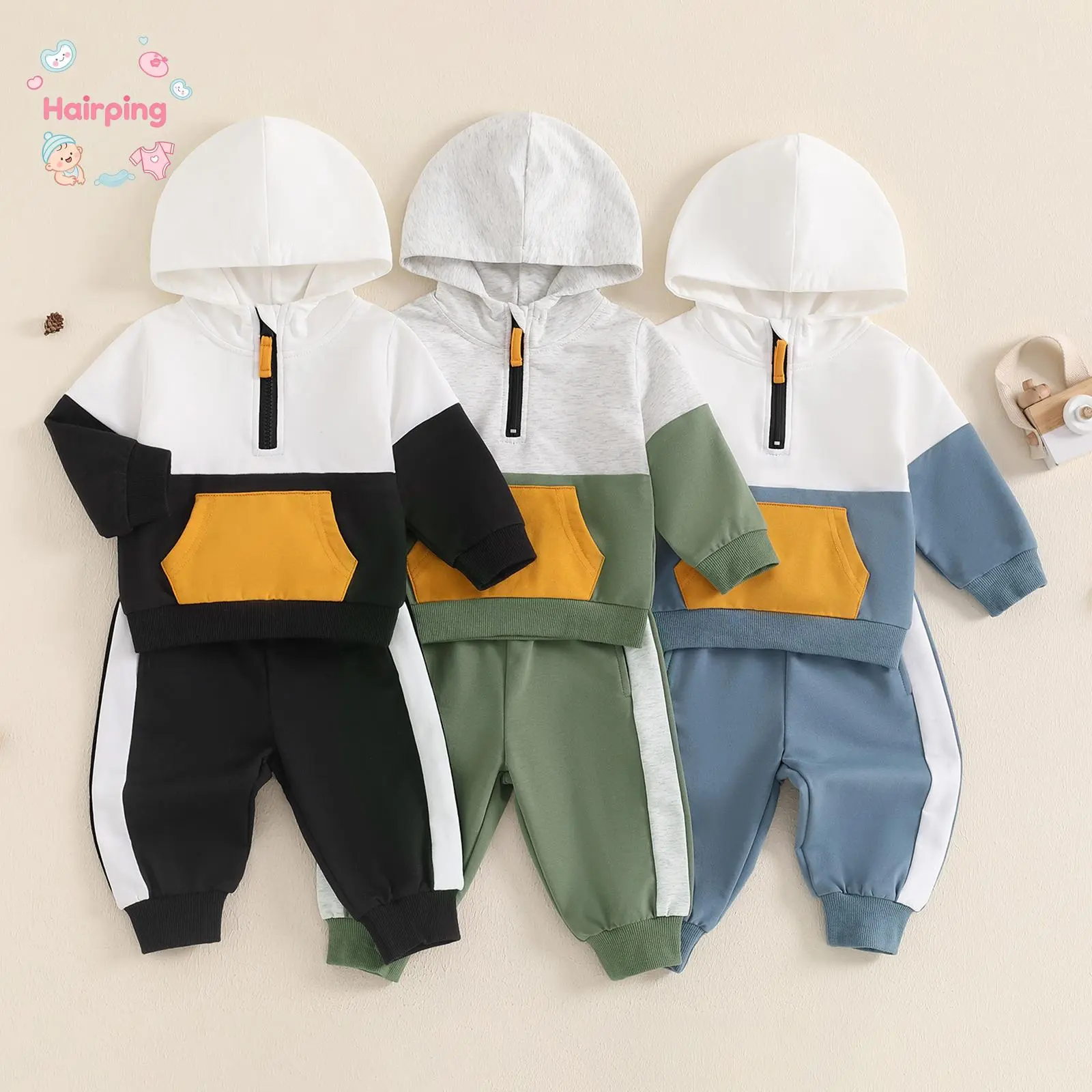 Toddler Baby Color Block Hoodie Tracksuit Set - Half-Zip Long Sleeve Sweatshirt with Contrast Pocket & Striped Pants, Casual 2-Piece Outfit for Boys Girls