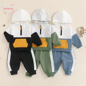 Toddler Baby Color Block Hoodie Tracksuit Set - Half-Zip Long Sleeve Sweatshirt with Contrast Pocket & Striped Pants, Casual 2-Piece Outfit for Boys Girls