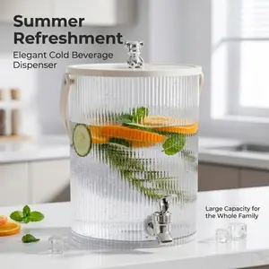 5000ml Large Capacity Cold Water Dispenser with Tap, Aesthetic Bear Lid Design, Ribbed Drink Pitcher for Iced Tea, Lemonade, Summer Parties