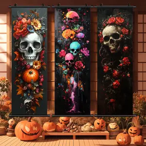 3 Counts Halloween Hanging Banner, Skull Roses And Pumpkins, Halloween Mural And Decorative Posters, Fun Party Decorations, Horror Themes, Living Room, Bedroom, Home Posters, High Definition, Waterproof, Ideal Gifts