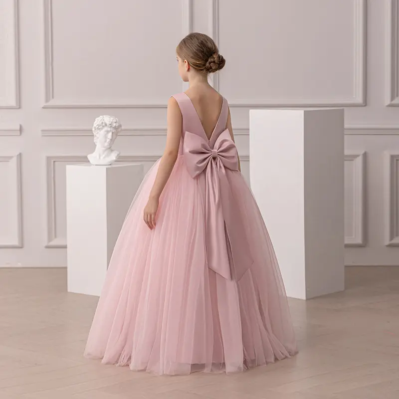 Elegant Pink Tulle Dress with Large Bow 8-14 Year Girls Sleeveless Floor-Length Princess Dress for Party Gift 23032