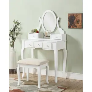 Bellemave Ashley Wood Modern Vanity Table and Stool Set - Makeup Dressing Desk with 5 Velvet-Lined Drawers, Adjustable Mirror, Padded Stool, Contemporary Indoor Furniture for Bedroom, Living Room (White, Silver, Gold, Cherry)
