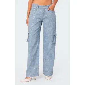 Edikted Women's Icing Sequin Low Rise Cargo Jeans