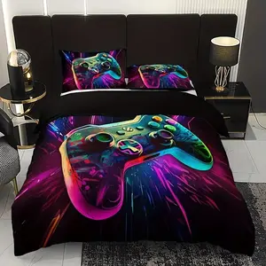 3pcs Cartoon Game Controller Bedding Set (1 Fitted Sheet + 2 Pillowcases), High-Definition Print, Home Dormitory Use, One Size