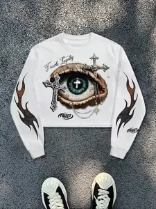 American Street Style Graphic Print Pullover Sweatshirt, Unisex Round Neck Long Sleeve Fitted Crop Top, Trendy Casual Fashion for Fall & Winter, Streetwear