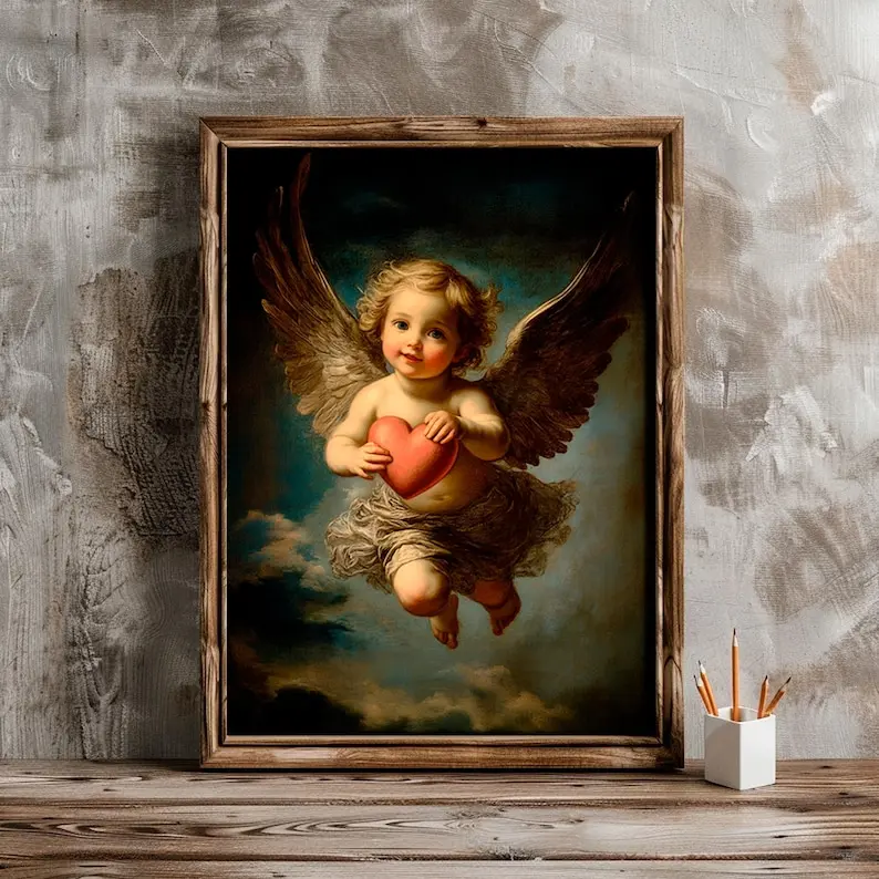 Valentines Day Printable, Cupid With Heart Print, Love Amur Print. Retro Trendy Art Decor Poster, Unframed Poster
