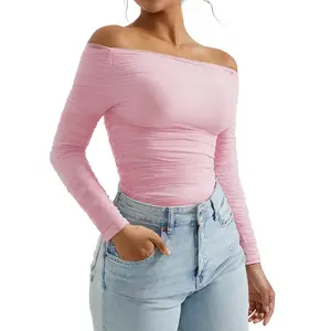OMKAGI Women Off the Shoulder Tops Double Line Mesh Long Sleeve Y2K Shirts Cropped Tank
