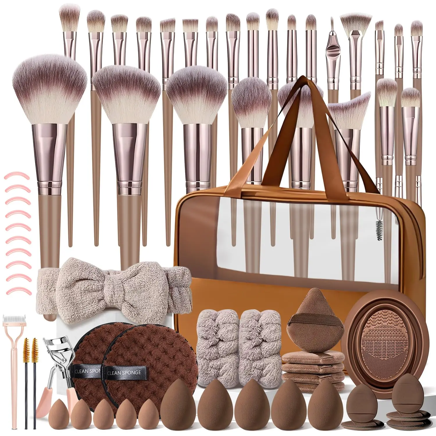 66Pcs Professional Brown Hypoallergenic Makeup Brush Set - Premium Synthetic Fibers, Easy Cleaning, Long-Lasting Smooth Blending, Included Case for Foundation/Blush, Face & Eye Makeup Tools, Ultra-Fine