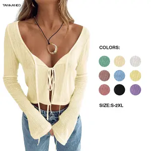 Tankaneo Women's Tie Front Crop Tops Bell Sleeve Scoop Neck Long Sleeve Blouses Crochet Sheer Knit Shrug Shirts
