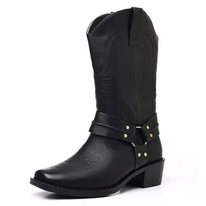 Men's Western Cowboy Boots Ankle Strap Buckle Embossed Shaft Comfortable Low Heel Pull Tab Casual Smart Footwear Black Brown Versatile Daily Wear