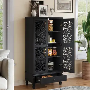 27.55"W×15.75"D×55.12"H Retro Green Rectangular Vintage Tall Heavy-Duty Spacious Multi-Door Design Storage Cabinet, Premium MDF High Load-Bearing Accent Cabinet with Carved Door, Drawer & Antique Bronze Handles for Living Room, Hallway, Heavy-Duty Cabinet