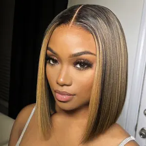 Asteria Hair Glueless Foil Highlight Blunt Cut Bob Wig 5×7 Lace Custom Colored Wigs With Dark Roots Ready To Go Human Hair Wig