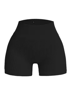 Women's Solid Color High Waist Ribbed Sports Shorts, High Stretch Casual Comfortable Breathable Quick Drying Skinny Shorts for Yoga Gym Workout Running, Ladies Sportswear for Summer, Yoga Biker Shorts, Stretchy Breathable Shorts, Casual Athletic Shorts