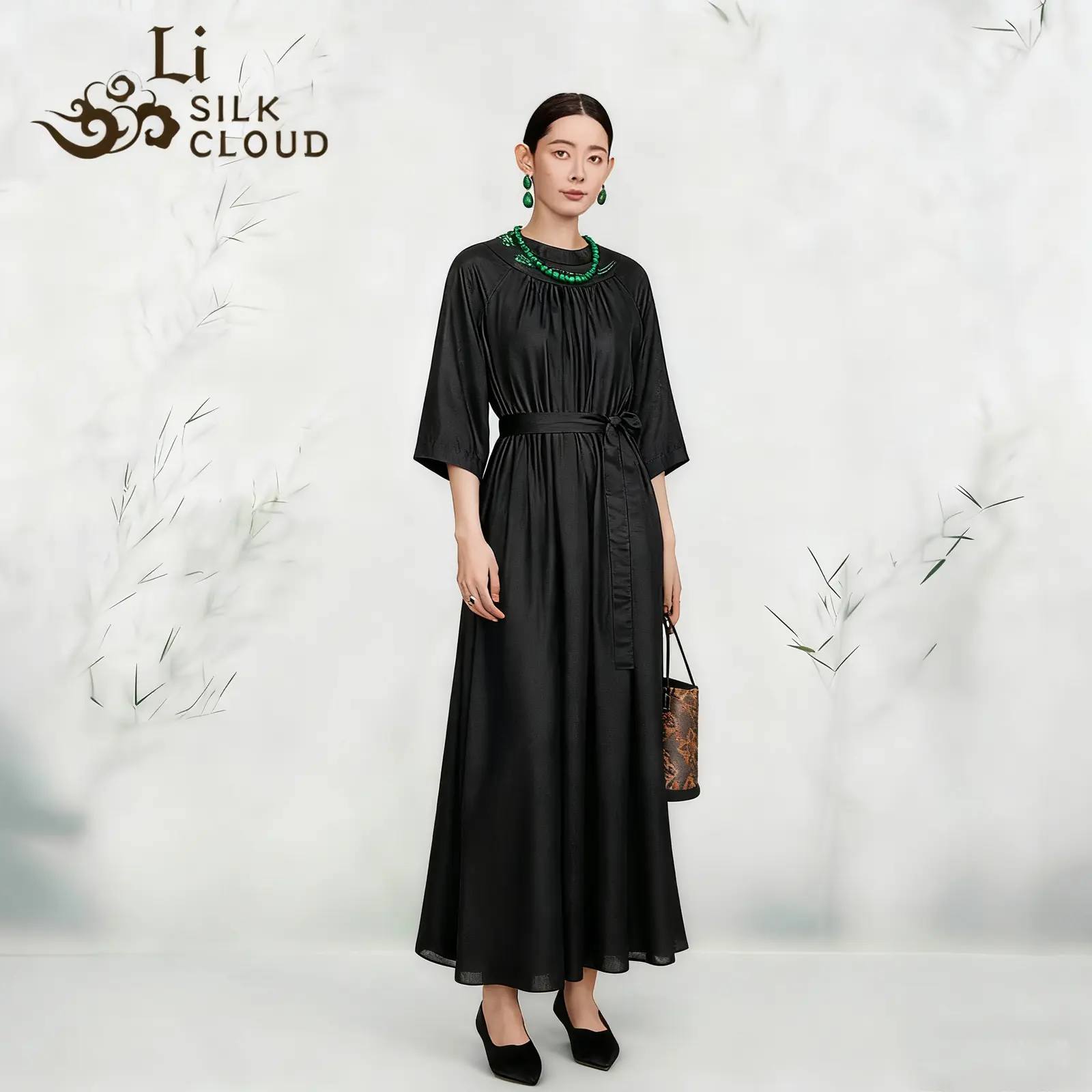 Guangdong Black Pearl Gambiered Guangdong Gauze xiangyunsha Dress, Natural Tuberose Dye, Ancient Sun-Drying Craft, High-Waisted for Longer Legs