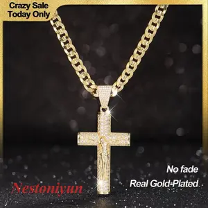 Plated Cuban Figaro Miami Cross Necklace with Jesus Christ Crucifix 24 Inches Long and 6mm Wide Handcrafted Polishing and Multiple Electroplating for Daily Wear Fashionable Jewelry Accessories Necklinphalt