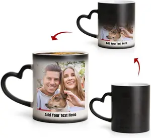 Personalized Color Changing Coffee Mug 11 oz Heart Handle with Photos & Text on Both Sides Unique Gift for Birthday Valentine Friends Lover High-Grade Thick Ceramics Magical Color Change